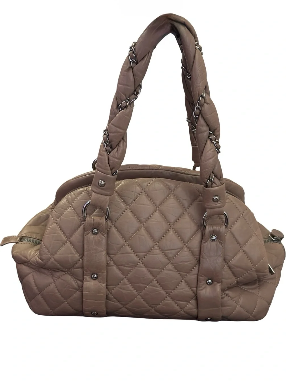 Chanel Lady Braid Bowler Bag Distressed Lambskin Taupe Quilted Satchel 13”